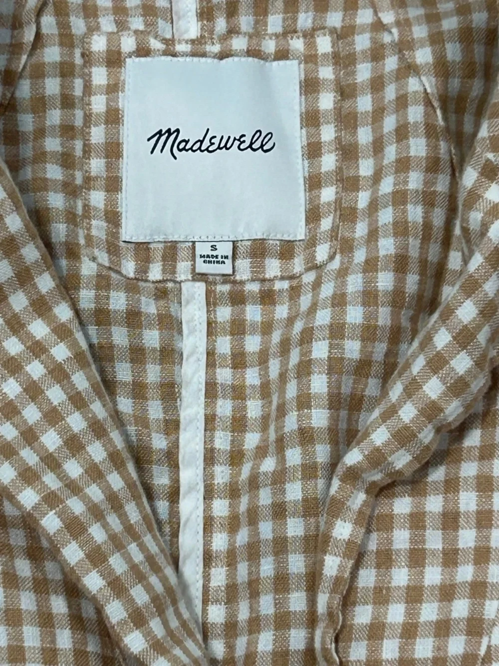 Madewell Linen Blazer Jacket Women's Size S Small Tan Gingham - Picture 2 of 4